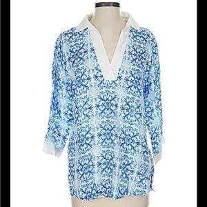 Isaac Mizrahi Blue and White Floral Blouse XL